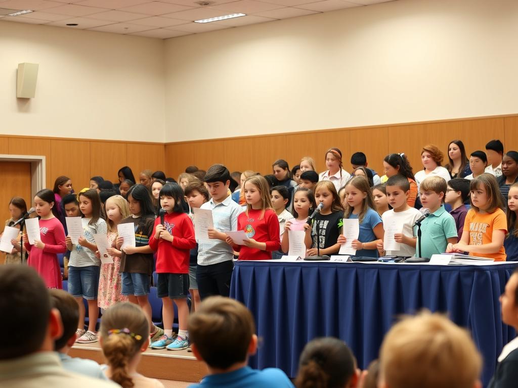 A spelling bee competition with students on stage